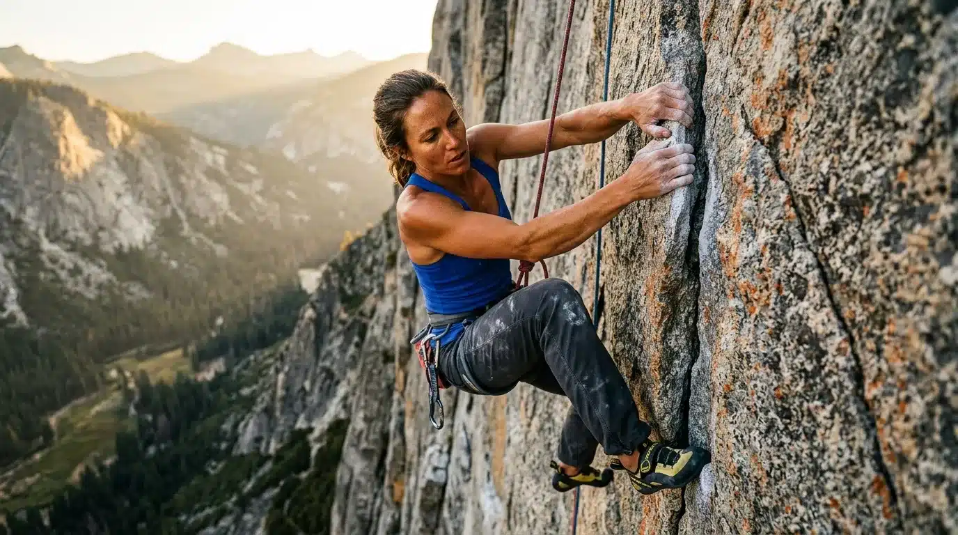 Femme escaladant une paroi rocheuse en montagne