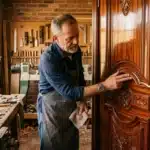 Menuisier examinant une porte en bois travaillée dans son atelier