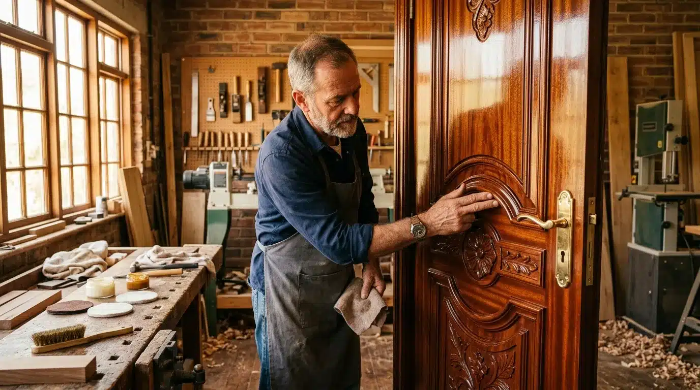 Menuisier examinant une porte en bois travaillée dans son atelier