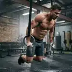Homme musclé effectuant exercice aux anneaux gymniques