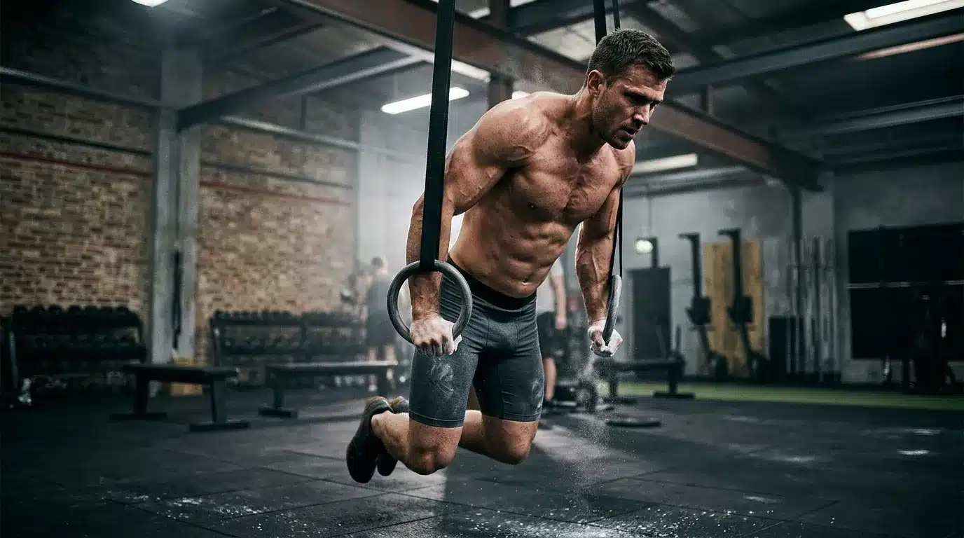 Homme musclé effectuant exercice aux anneaux gymniques