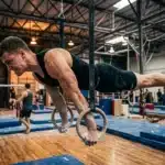Homme musclé effectuant un exercice aux anneaux en salle gymnique