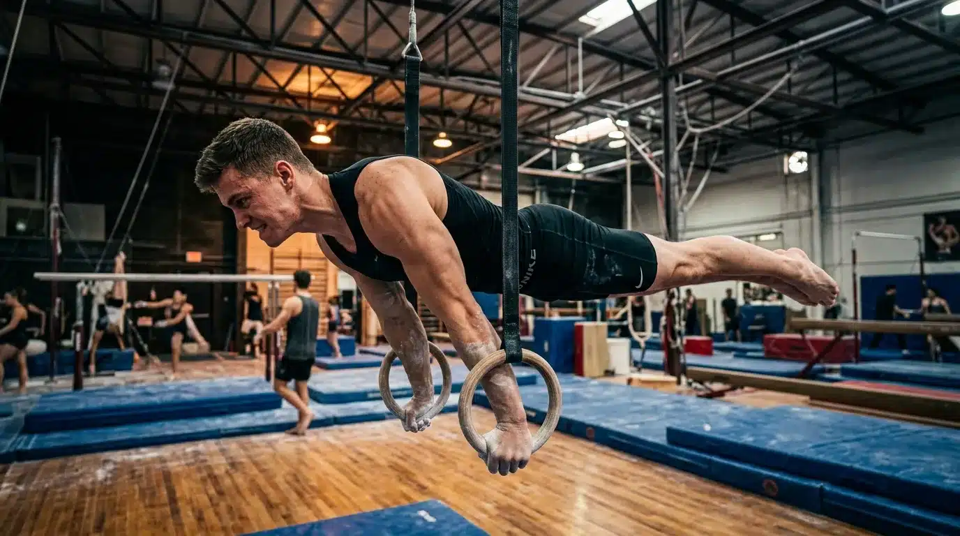 Homme musclé effectuant un exercice aux anneaux en salle gymnique