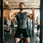 Homme musclé effectuant des tractions à la barre en salle de gym
