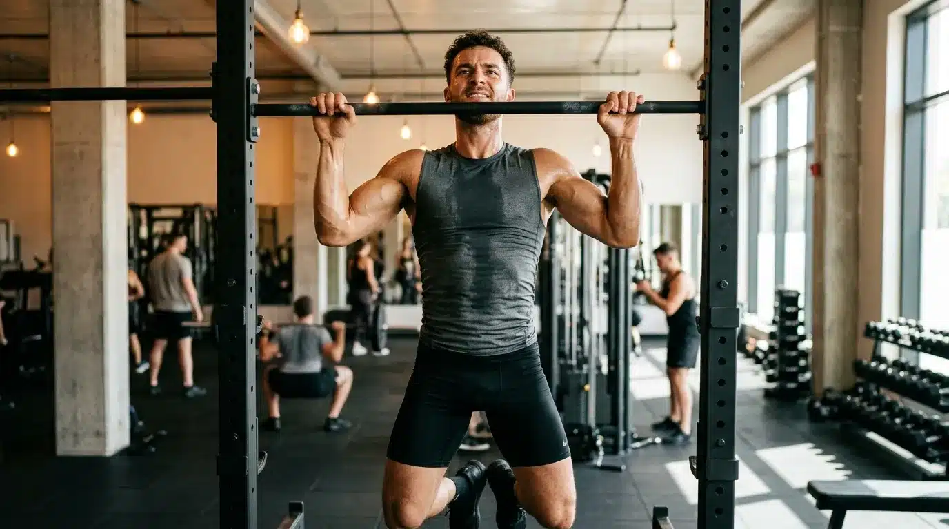 Homme musclé effectuant des tractions à la barre en salle de gym