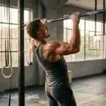 Homme musclé exécute une traction à la barre horizontale en salle de sport