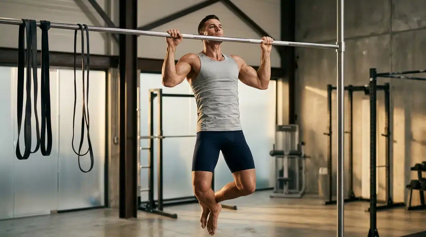 Homme musclé effectuant une traction à la barre horizontale