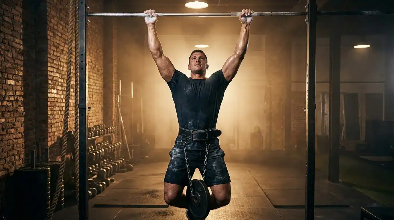 Homme musclé effectuant une traction à la barre avec poids