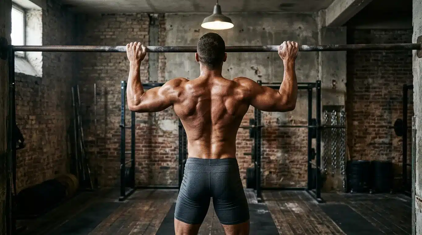 Homme musclé torse nu à la barre fixe en gym