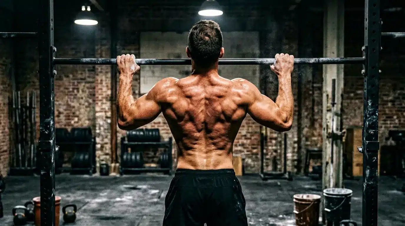 Homme musclé effectuant une traction à la barre en salle de sport
