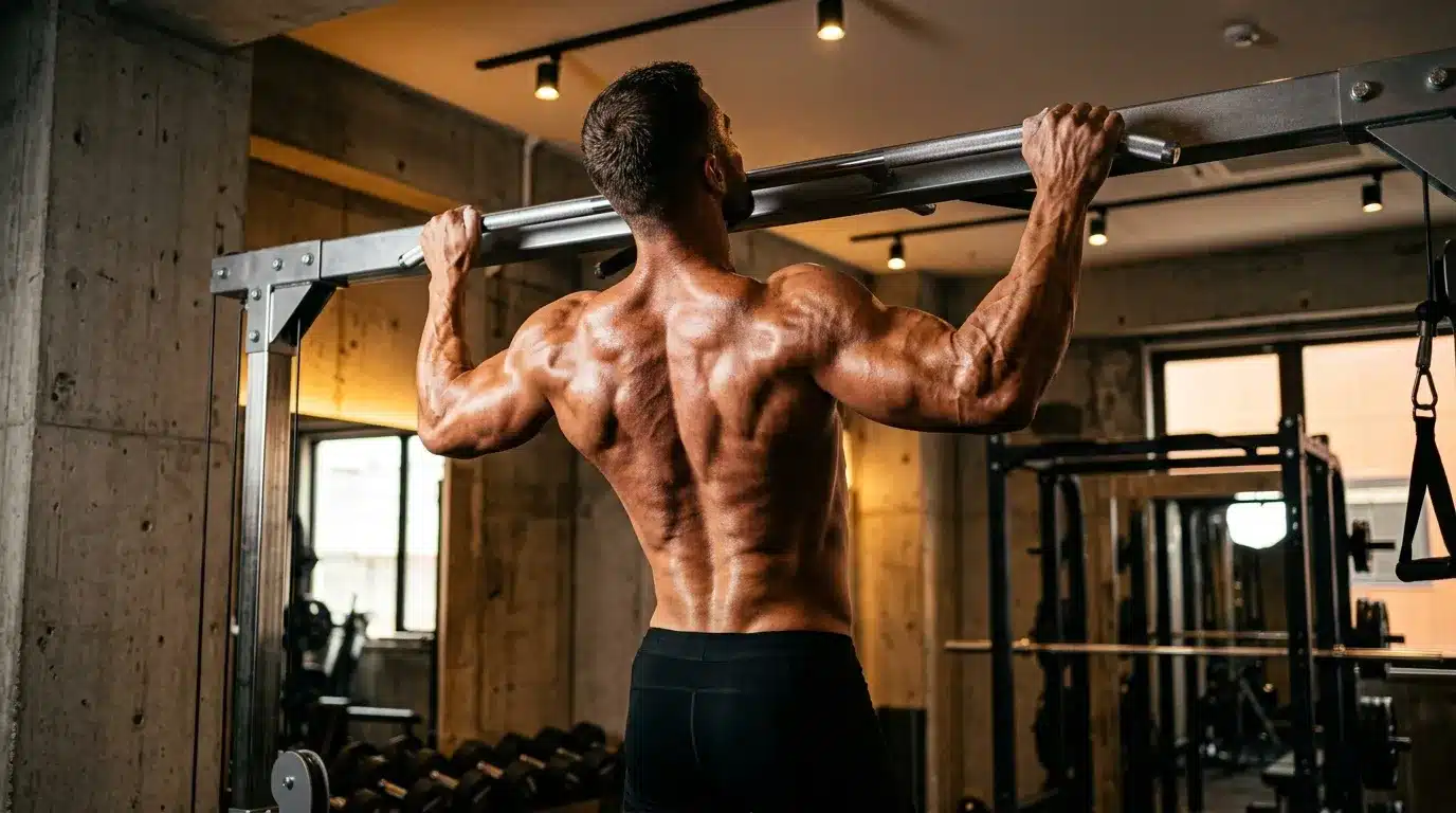 Homme musclé effectuant une traction à la barre en salle de gym