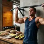 Homme musclé fait tractions à barre fixe près table aliments sains