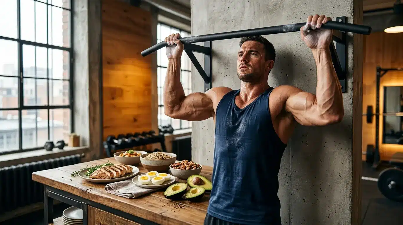 Homme musclé fait tractions à barre fixe près table aliments sains