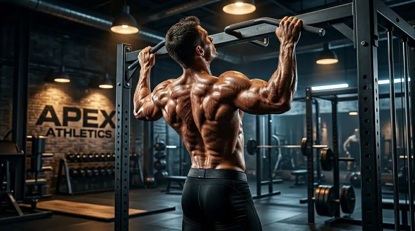 Homme musclé effectuant des tractions à la barre en salle de sport