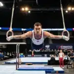 Gymnaste performant aux anneaux en compétition officielle