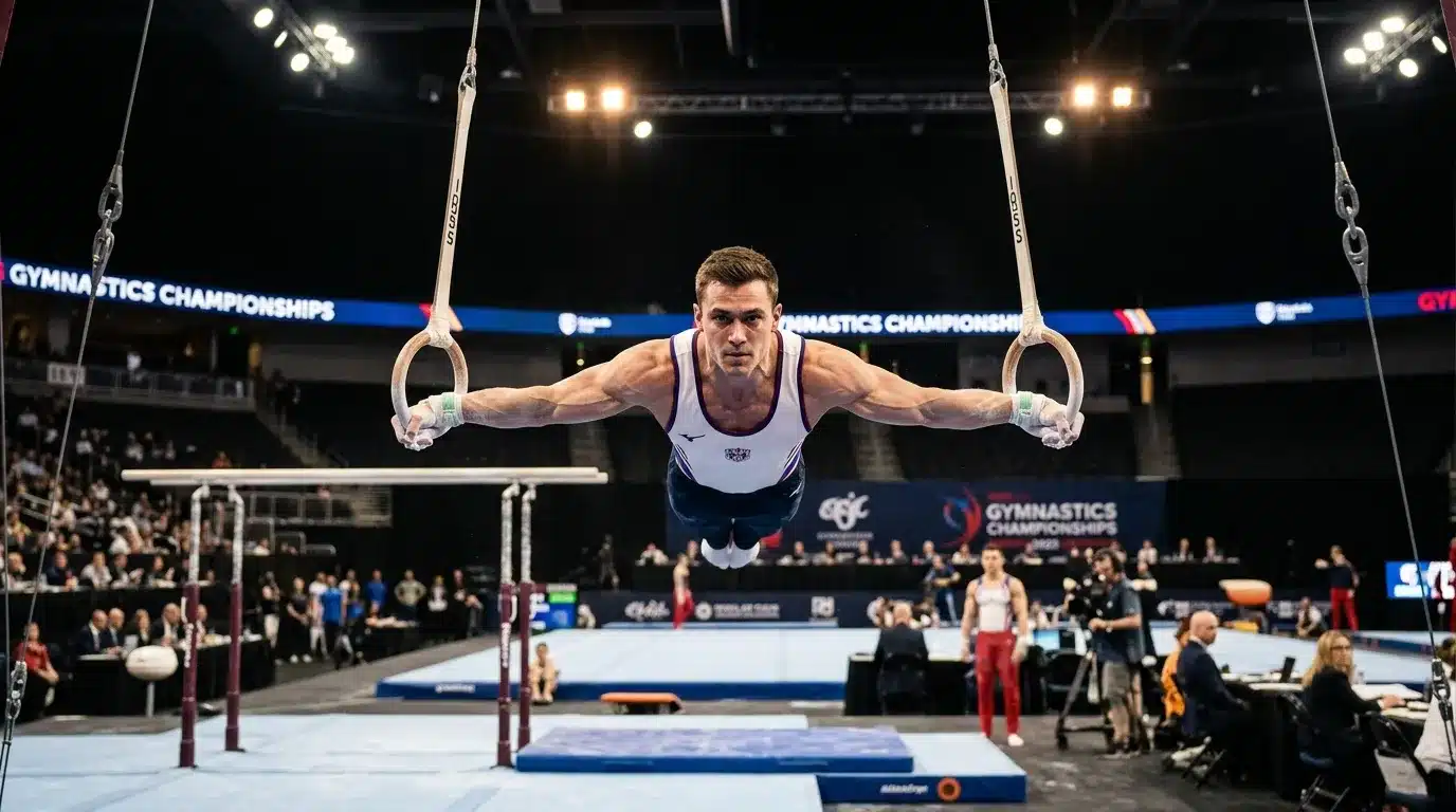 Gymnaste performant aux anneaux en compétition officielle
