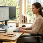 Femme programmant devant moniteur double en bureaux modernes