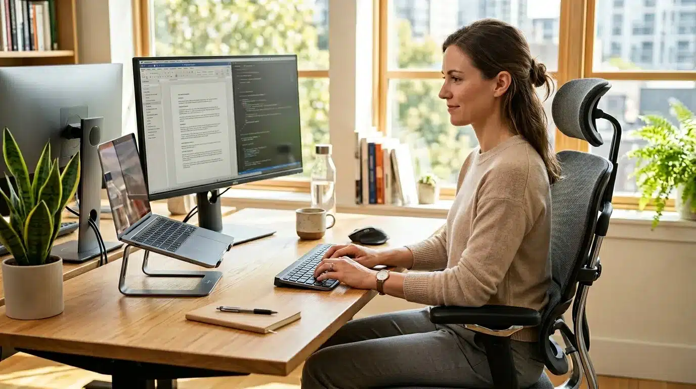 Femme programmant devant moniteur double en bureaux modernes