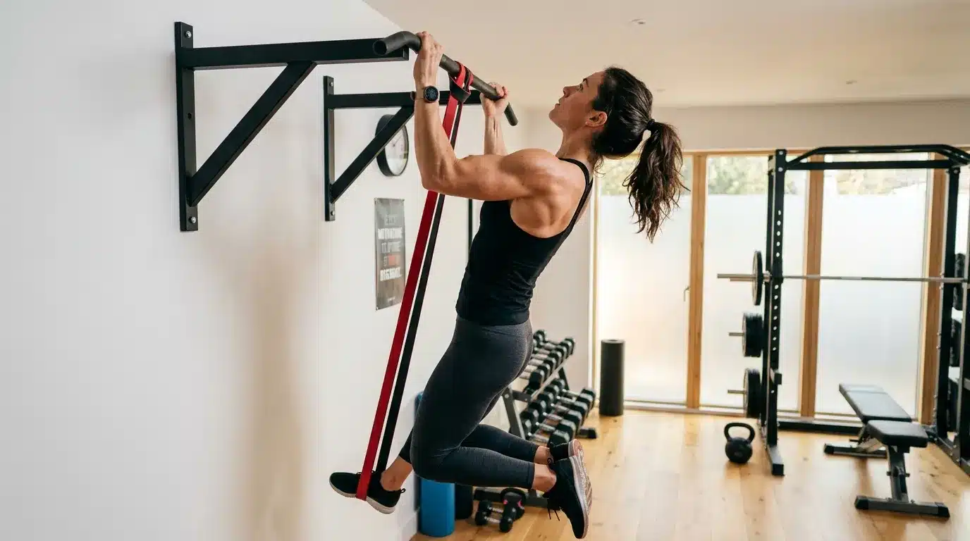 Femme effectuant des tractions assistées avec bande élastique rouge