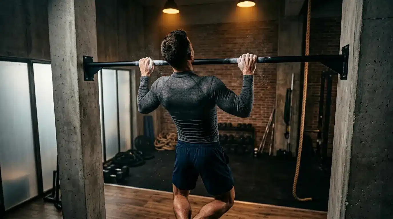 Homme effectuant traction à la barre en salle musculation