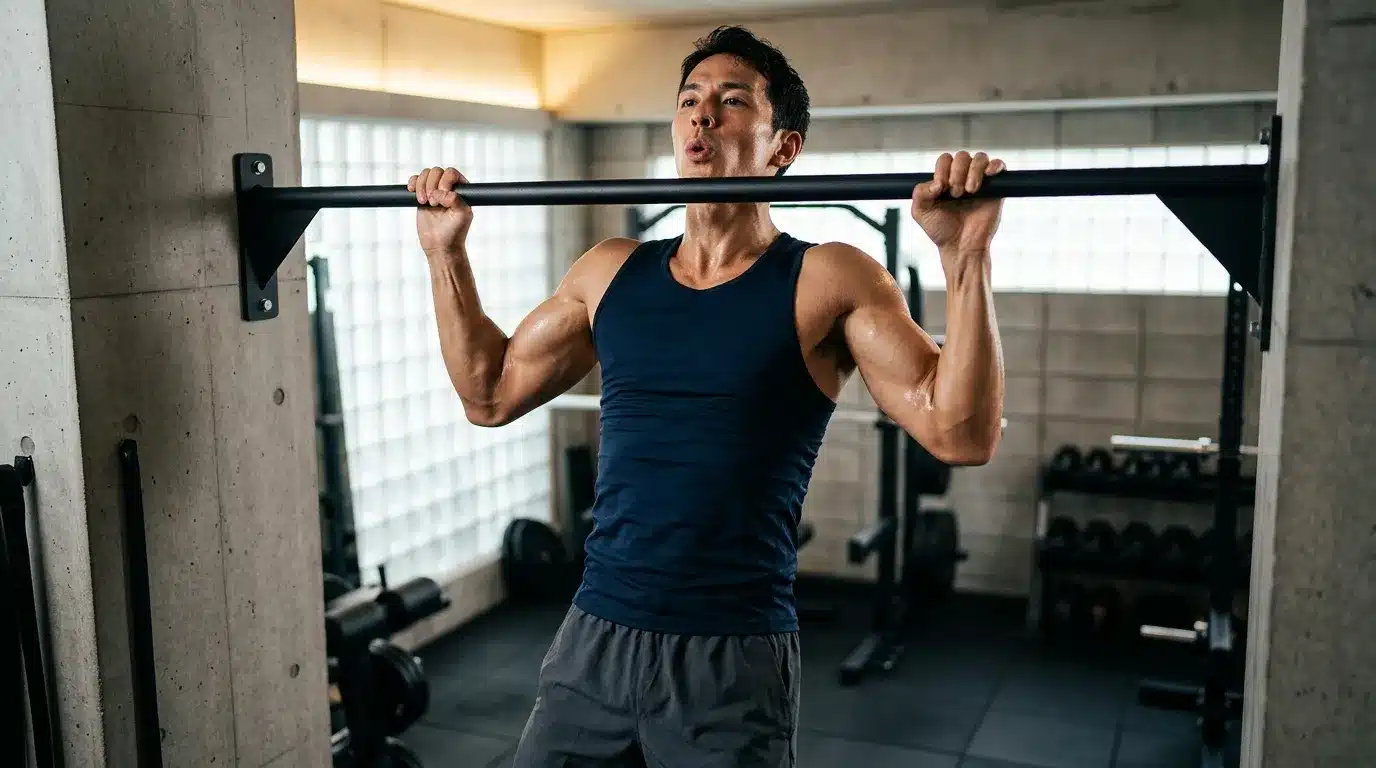 Homme musclé effectuant des tractions à la barre fixe