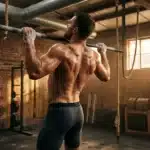 Homme musclé effectuant une traction à la barre en salle de sport