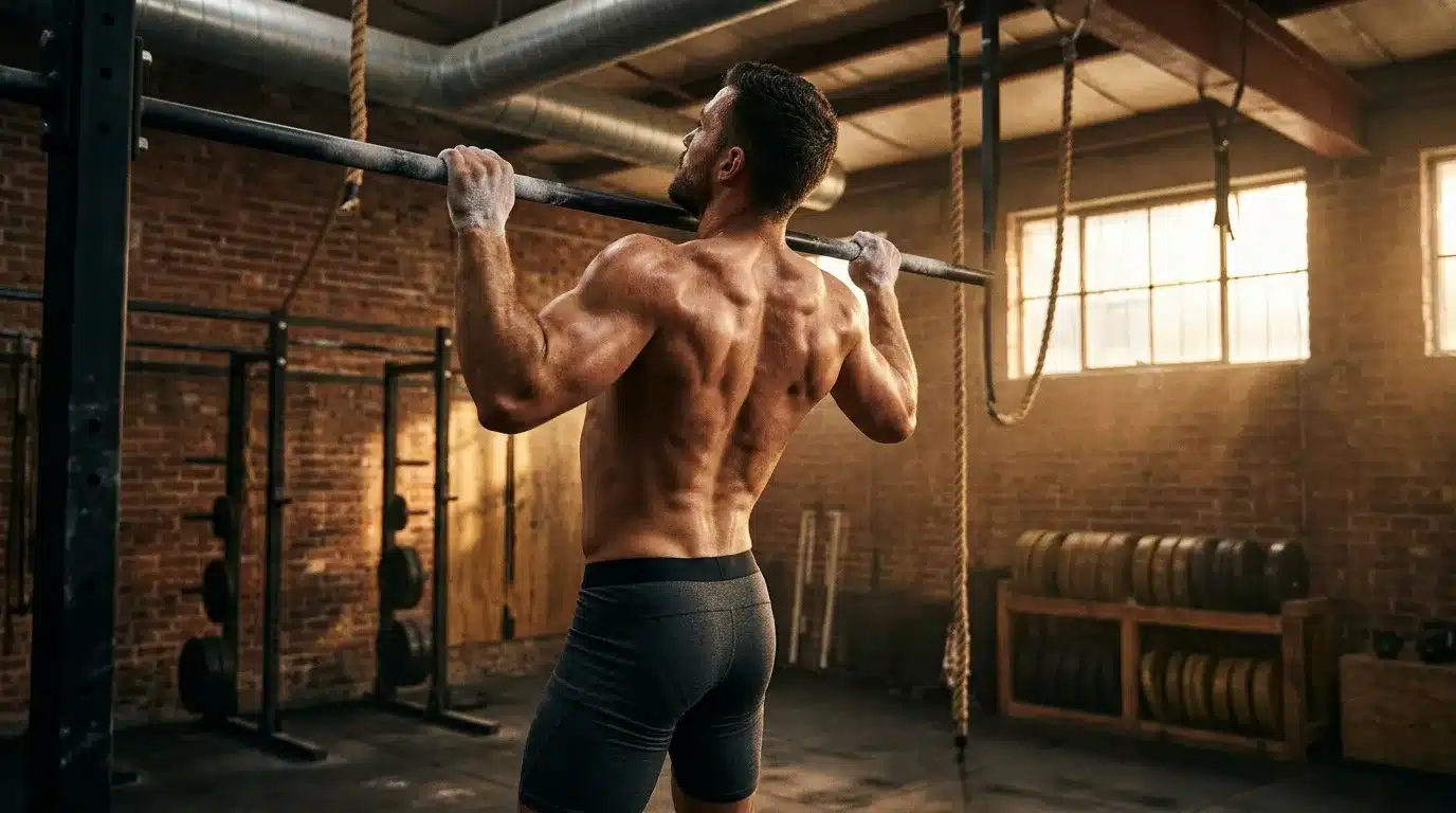 Homme musclé effectuant une traction à la barre en salle de sport