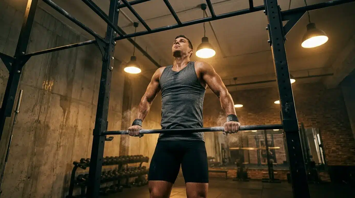 Athlète musclé effectuant un exercice à la barre horizontale en salle