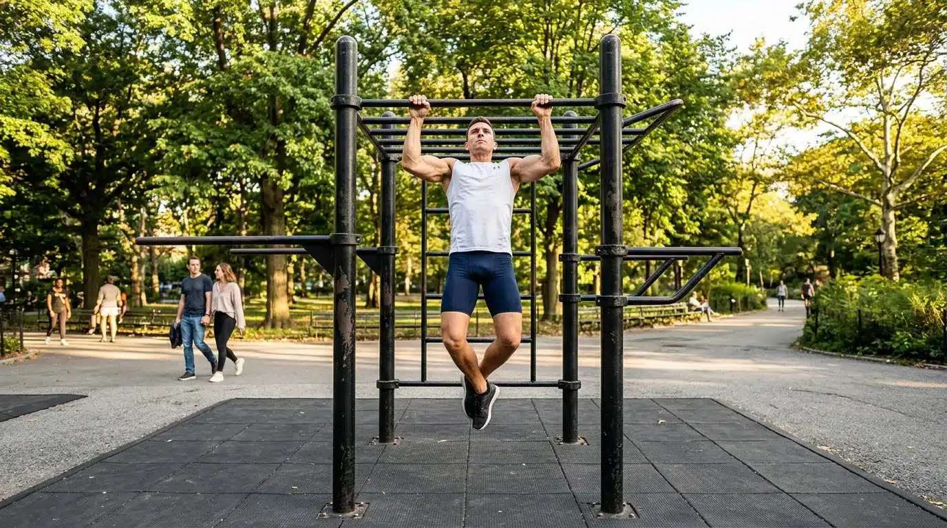 Homme musculation barre parallèle parc urbain