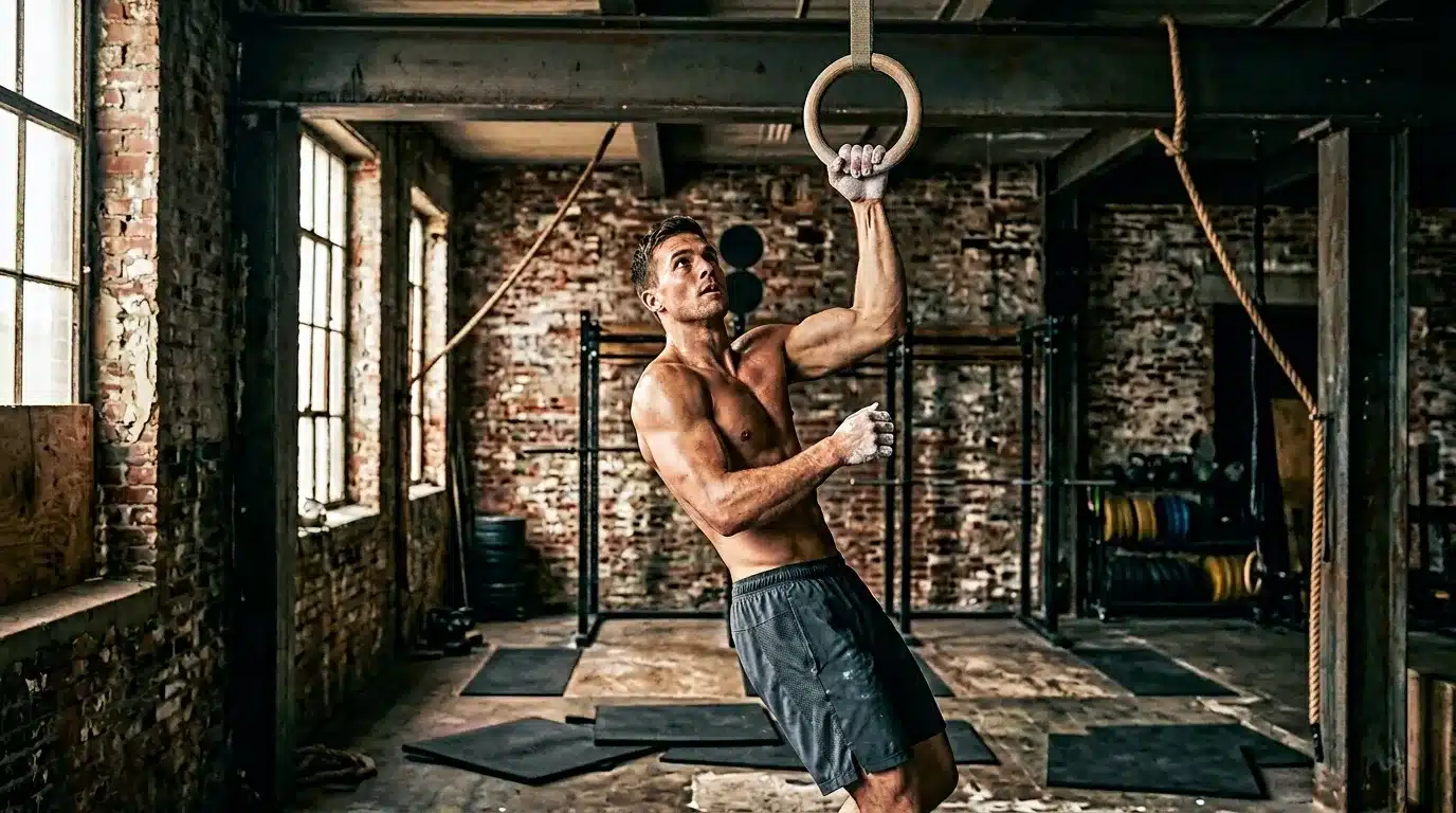 Athlète musclé s'entraînant aux anneaux de gym