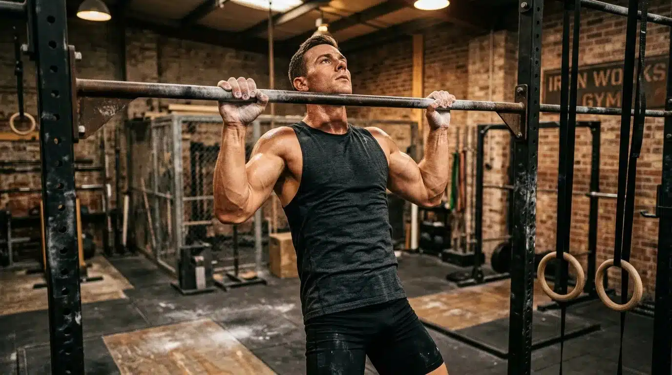 Homme musclé effectuant des tractions à la barre en salle de sport