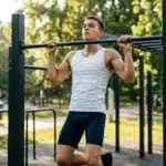 Jeune homme effectuant des tractions sur barre fixe en parc
