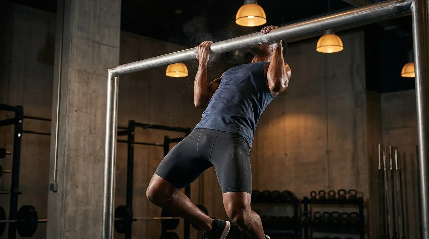 Homme effectuant des tractions à la barre horizontale en salle de sport