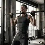 Homme musclé effectuant des tractions à la barre, gym moderne