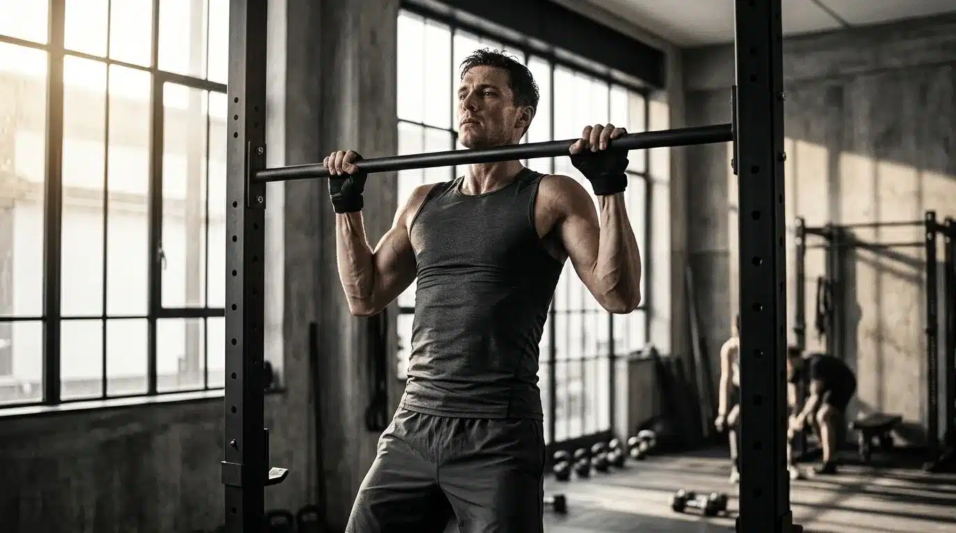 Homme musclé effectuant des tractions à la barre, gym moderne