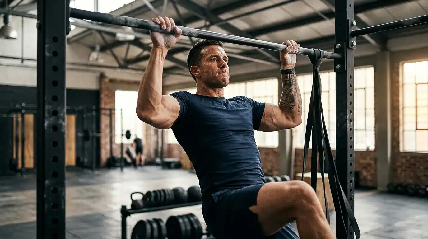 Homme musclé effectuant des tractions à la barre horizontale