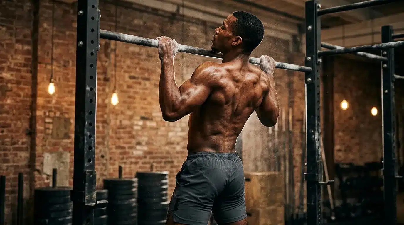 Homme musclé effectuant une traction à la barre horizontale