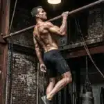 Homme musclé effectuant une traction à la barre horizontale