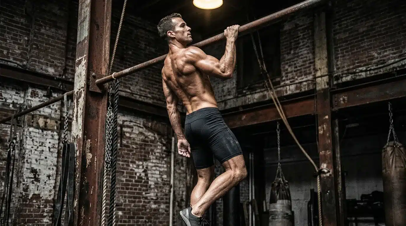 Homme musclé effectuant une traction à la barre horizontale