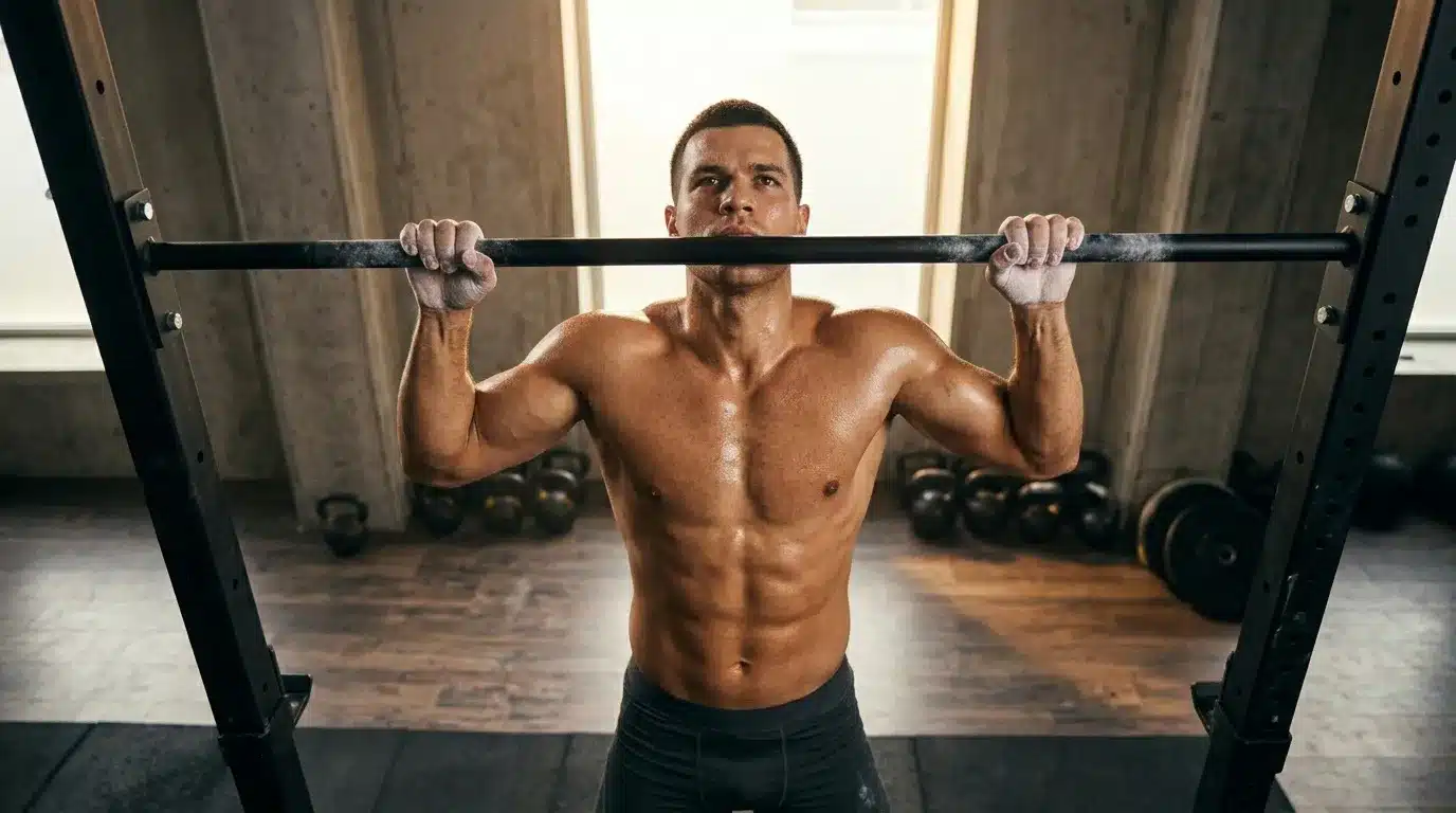 Homme musclé exécutant un exercice de traction à la barre