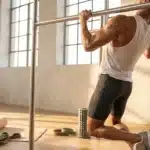 Homme musclé effectuant une traction à la barre métallique