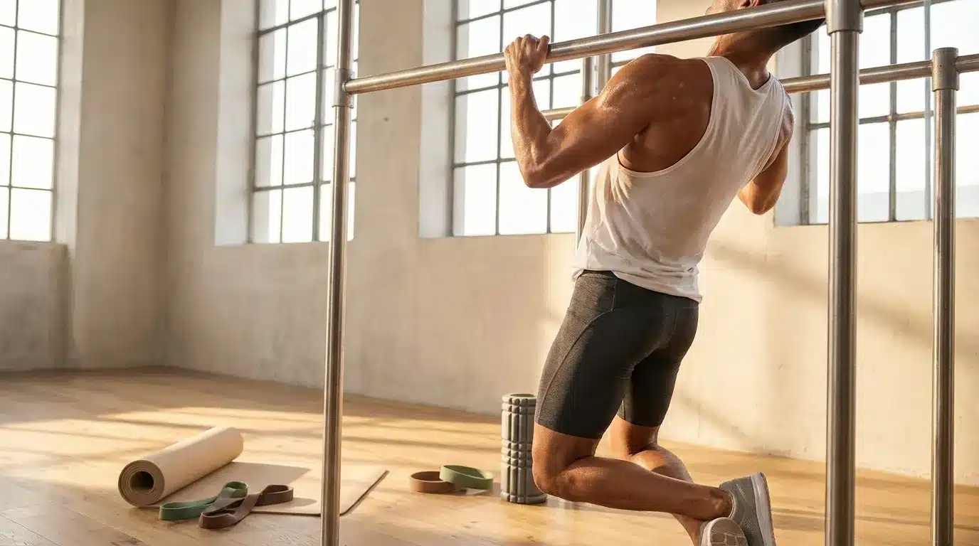 Homme musclé effectuant une traction à la barre métallique