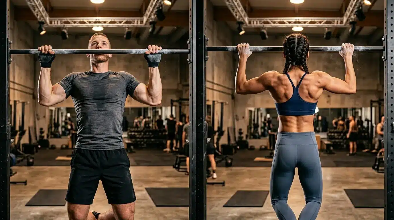 Homme et femme font des tractions à la barre en salle sport.