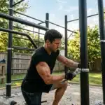 Homme s'exerçant avec haltères dans un parc outdoor