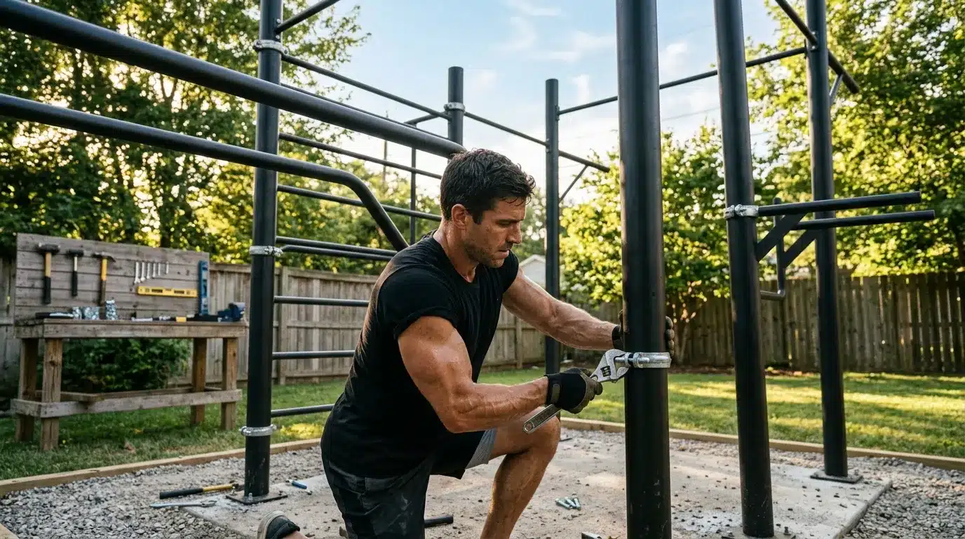 Homme s'exerçant avec haltères dans un parc outdoor