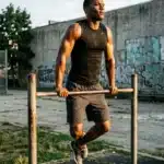 Homme musclé s'entraîne à la barre horizontale en extérieur