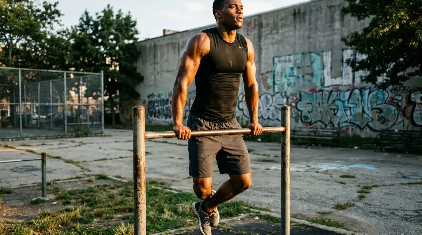 Homme musclé s'entraîne à la barre horizontale en extérieur