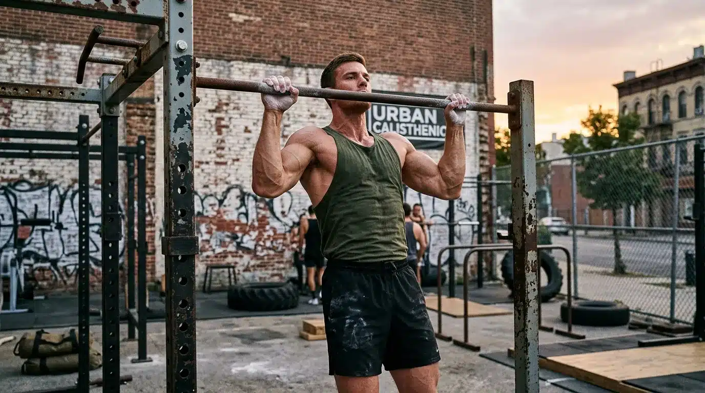 Homme musclé effectuant une traction à la barre en extérieur