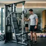 Homme utilisant machine musculation dans gym contemporaine