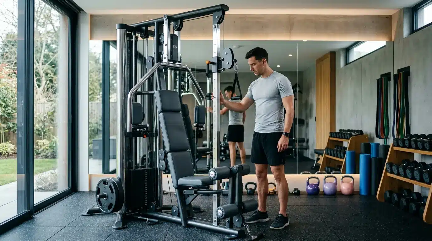 Homme utilisant machine musculation dans gym contemporaine